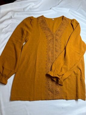 Mustard Lace-Trim Women's Blouse